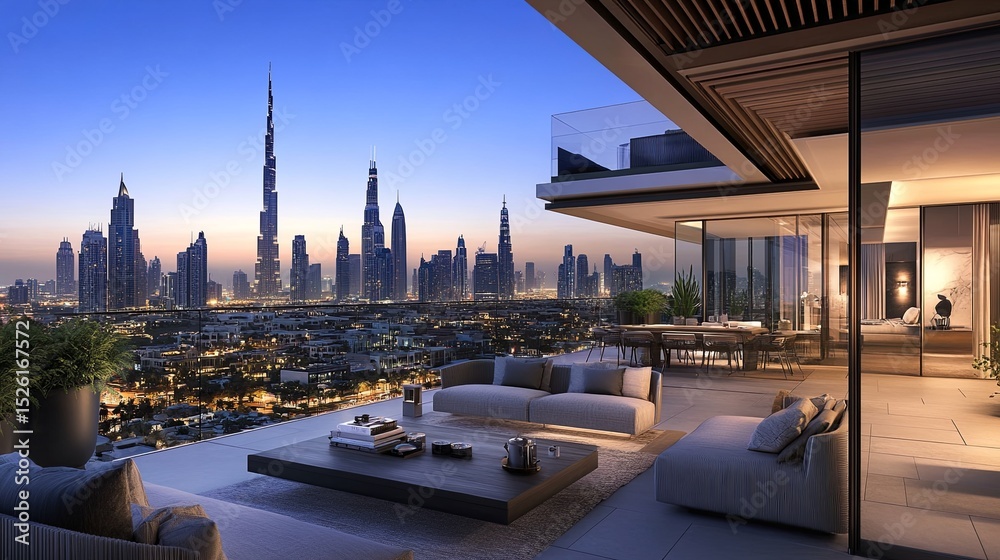 Obraz premium Luxury penthouse suite with a private terrace and stunning skyline views.