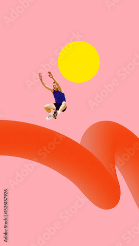 Creative art design. Female athlete jumping high above 3D orange twisted track against pink background with yellow circle. Concept of sport, athletic championship, tournament, action.