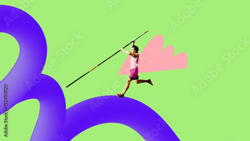 Creative art design. Male pole vaulter soaring over gradient purple-blue 3D shape against green background with pink abstract element. Concept of sport, athletic championship, tournament, action.