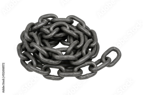 Heavy metal chain coiled in pile with dark gray color and industrial look