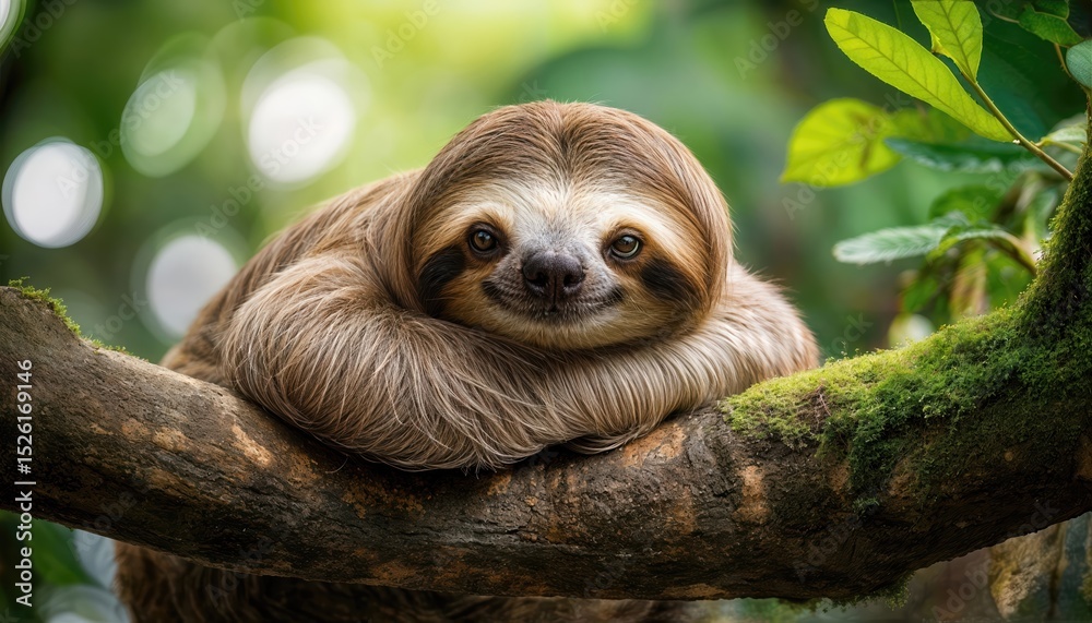 Fototapeta premium Relaxing Sloth on Tree Branch in Vibrant Jungle Backdrop, Exuding Tranquility and Warmth in Lush Tropical Environment