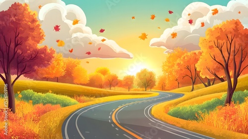 Serene autumn road trip landscape with falling leaves and warm sunlight illustration