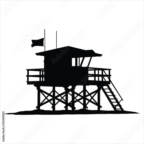 a classic lifeguard tower on stilts with a small cabin, ladder, and safety railings