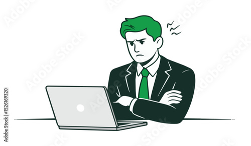 Focused Businessman with Laptop: Professional Male Character Working on Computer in Modern Vector Style


