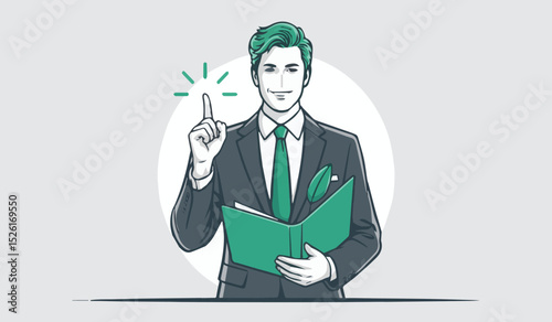 Professional Businessman Illustration: Explaining Idea with Folder & Raised Finger in Modern Vector Style

