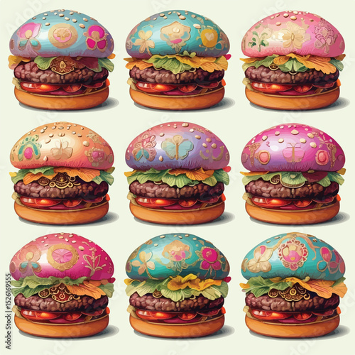Colorful Artistic Burgers with Decorative Buns