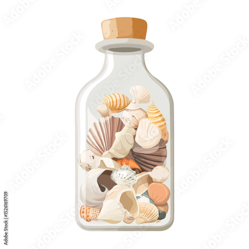 2D flat Bottle Filled Collected Seashells vector illustration, isolated on a white background.