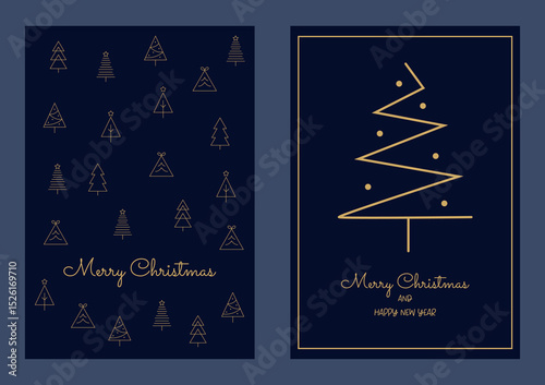 Minimal Christmas Card with Gold Line Trees on Dark Blue Background. Elegant Holiday Greeting