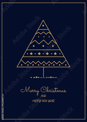 Minimal Christmas Card with Gold Line Trees on Dark Blue Background. Elegant Holiday Greeting