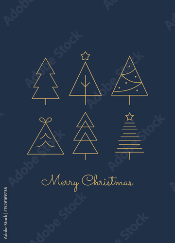 Minimal Christmas Card with Gold Line Trees on Dark Blue Background. Elegant Holiday Greeting