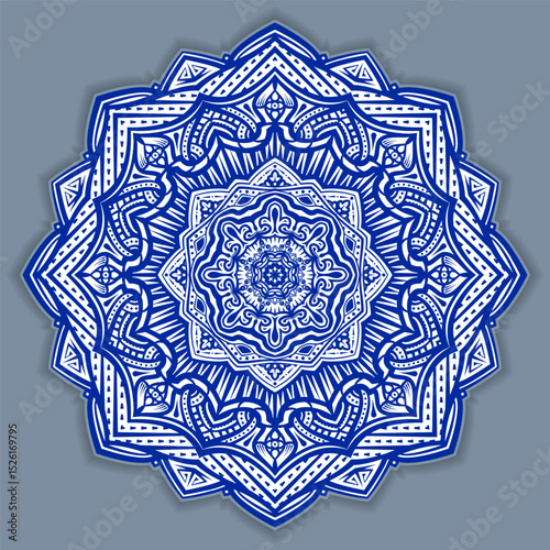Vector abstract circular mandala design decorative element ethnic style. Blue line and white area for coloring. Shadow around of mandala. Arab, Islam, Indian, Chinese. Yoga illustration.