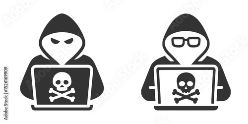 Vector icon of hacker character using a laptop in hoodie.