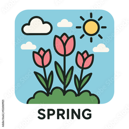 Vector illustration of spring flowers and sunny sky.