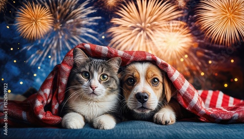 Frightened pets sheltering under blankets amidst Fourth of July fireworks explosion in vibrant colors and textures, capturing a moment of shared anxiety and protection.