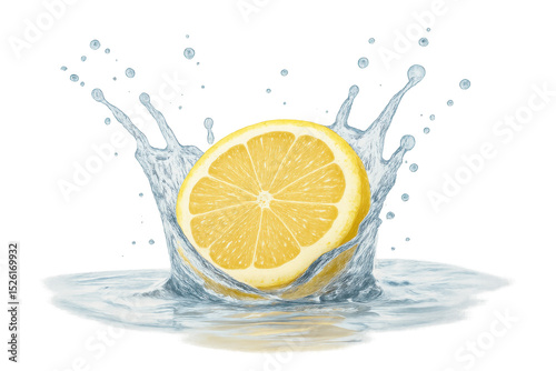 Half a lemon splashing into clear water, creating a vibrant and refreshing splash against a transparent background, exuding freshness