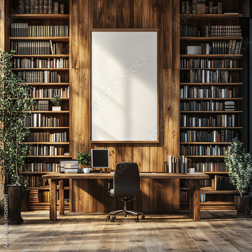 Blank poster mockup on warm wooden wall in a modern library: sleek bookshelves, tidy computer desks bathed in soft daylight, minimalist 3D‑rendered atmosphere.