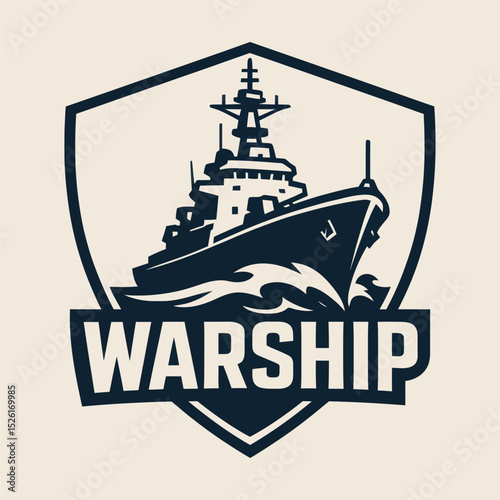Warship emblem with bold lines and waves, vector illustration.