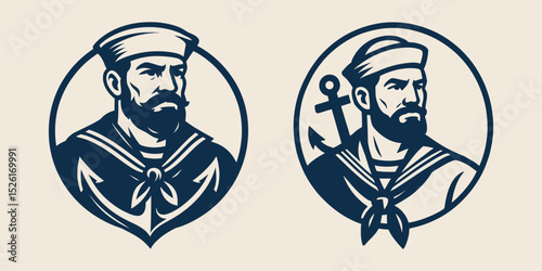 Bearded sailor portraits in navy style, vector illustration.