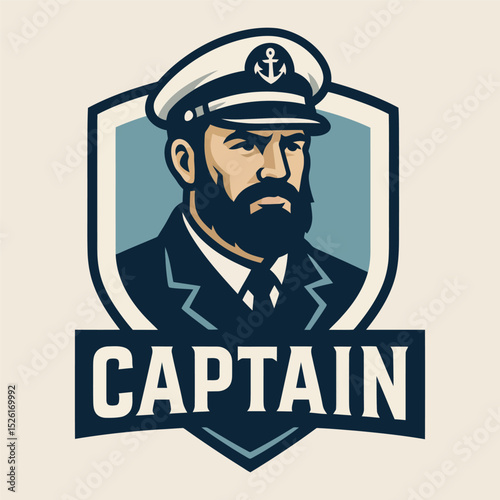 Bearded sea captain in formal uniform, vector illustration.
