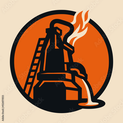 Vector illustration of blast furnace pouring molten metal.