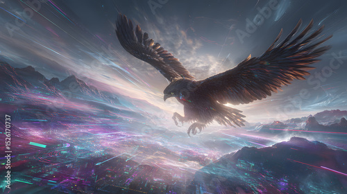 Cyber Sentinel Eagle Soaring Over Neon Horizon