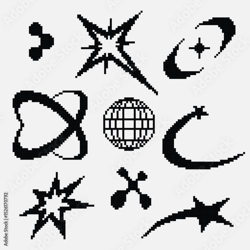 A set of black pixel art inspired Y2K elements perfect for streetwear fashion design