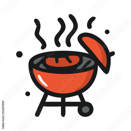 Red kettle grill cooking sausage outdoors. Perfect for BBQ, food, summer, cooking, outdoor activities, grilling, picnics, and cooking utensils concepts.