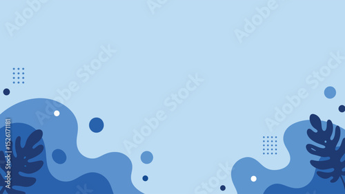 minimal summer background with blue ocean waves and flat floating shapes