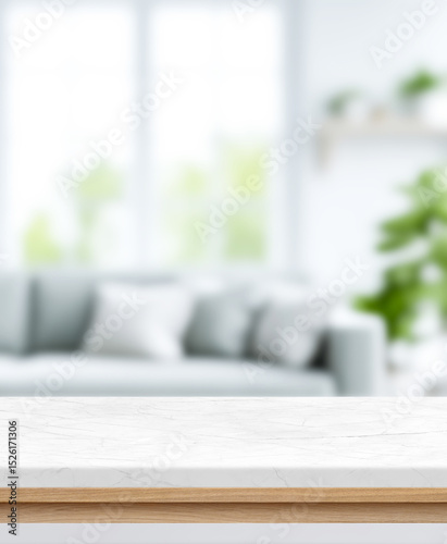 Empty white marble counter with wooden base in front of a blurred contemporary living room interior, ideal for product display or mockups..