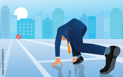 Businessman on starting point and ready to run at the target. Business target and starting career concept. vector, illustration