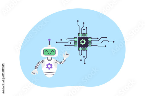 Cute robot points at electronic chip. Artificial Intelligence Virtual Assistant. Business and Education Concept. Isolated vector illustration.