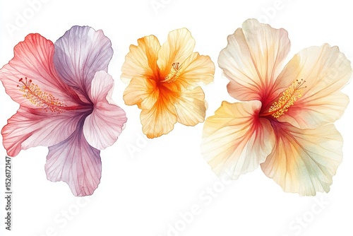 Vibrant set of hibiscus flowers with delicate petals and various colors displayed on a clean white background capturing their natural beauty and elegance
