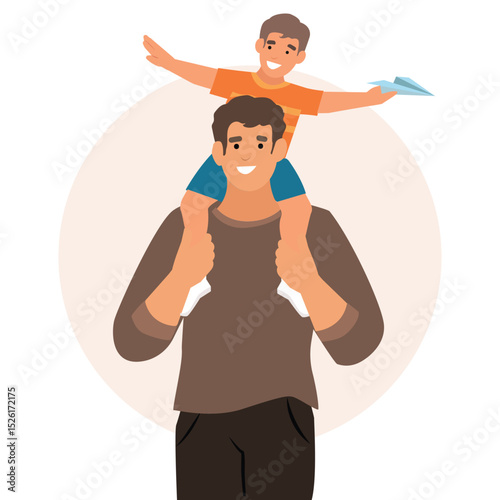  father's day concept. happy father makes his son piggyback sit on his shoulder and look up. Cute child with father playing outdoors. vector, illustration