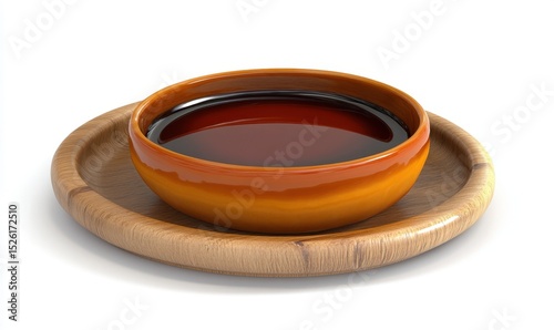 Soy sauce in bowl, wooden tray, white background, Asian cuisine, food photography