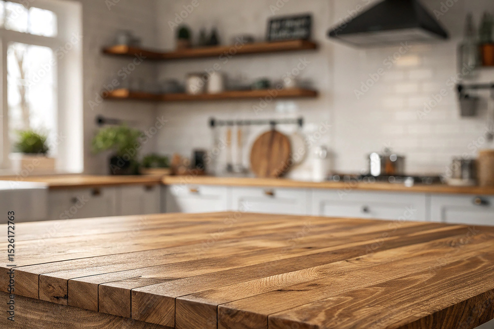 Wood table top on blur kitchen room background. For montage product display or design key visual layout.\ Wood table top on blur kitchen room background. For montage product display or design key visual layout.\