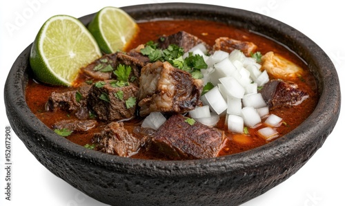 Spicy beef stew, lime wedges, onions; Mexican cuisine