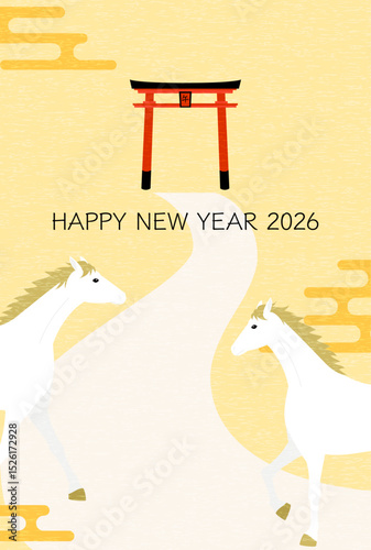 2026年午年年賀状、初詣で神社の鳥居に向かう馬、年賀はがき素材
