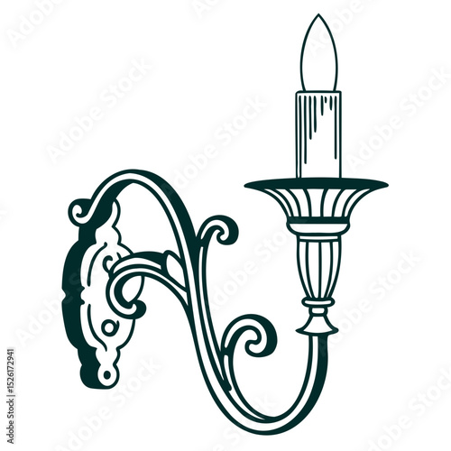 Line art of an antique wall-mounted candle sconce with ornate detailing and curving arm silhouette vector illustration