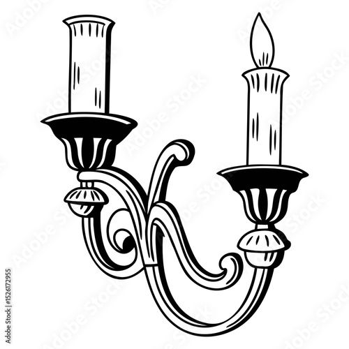 Line art of an antique wall-mounted candle sconce with ornate detailing and curving arm silhouette vector illustration