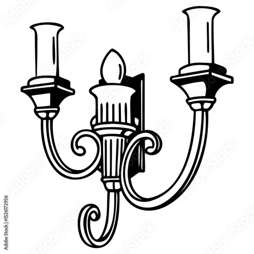 Line art of an antique wall-mounted candle sconce with ornate detailing and curving arm silhouette vector illustration