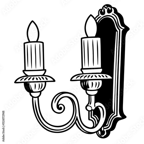 Line art of an antique wall-mounted candle sconce with ornate detailing and curving arm silhouette vector illustration