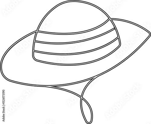 Elegant straw hat with wide brim and a decorative ribbon. A beach hat Summer fashion accessory for sun protection and style accessory element, for beach and vacation concept, Stylish Headwear,