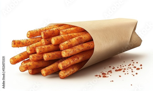 Spicy fries in paper cone, isolated, white background, food photography, menu use