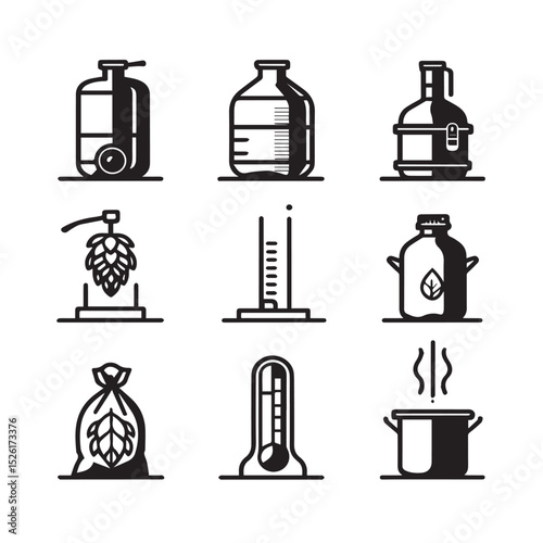 Nine black and white homebrewing equipment icons