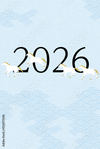 2026年午年年賀状、競争する白馬たち、年賀はがき素材