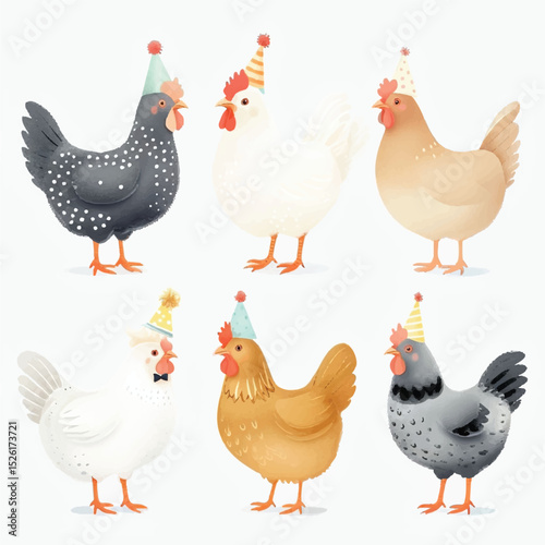 Colorful Party Chickens Illustration - Fun and Festive Farm Animals"