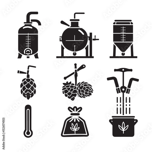 Brewing process icons equipment and ingredients