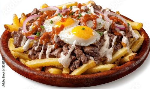 Steak fries, eggs, onions, sauce, wooden plate, restaurant food, menu image