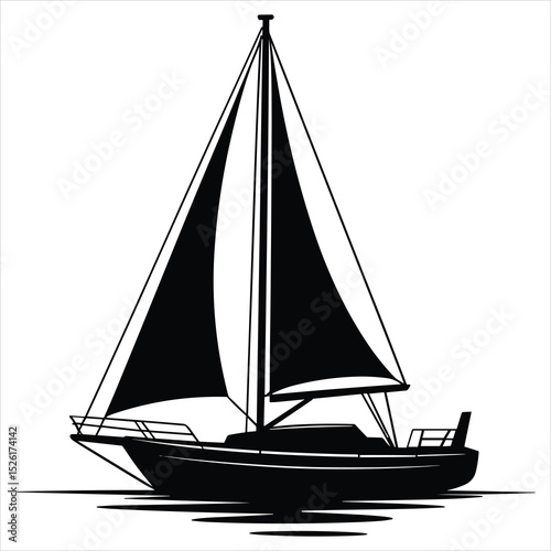 a classic sailing boat with tall mast and sails, floating on calm water