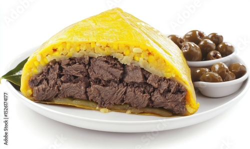 Steamed beef & rice dish, olives garnish, white plate, studio shot, food photography